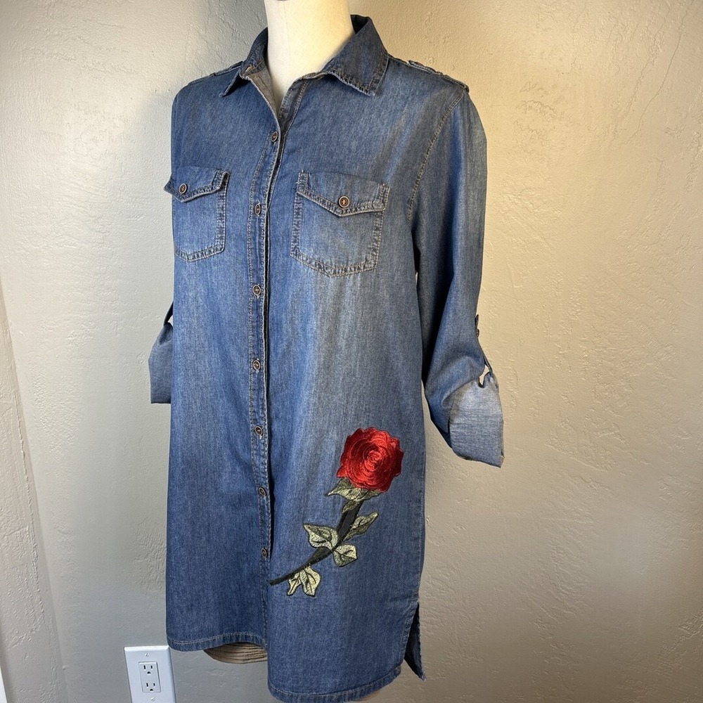 Blue Age Rose Embroidered Denim Shirt Jacket Womens Medium Indigo Blue Artsy USA